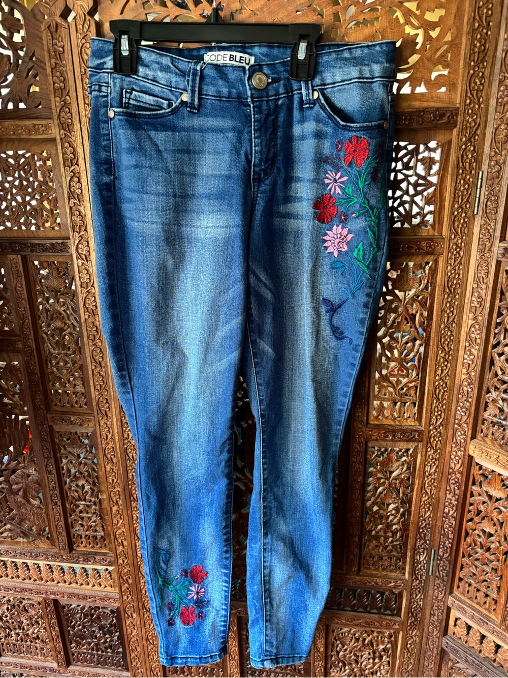 Code Bleu Dark Blue Skinny Jeans with Red & Pink Floral Embroidery